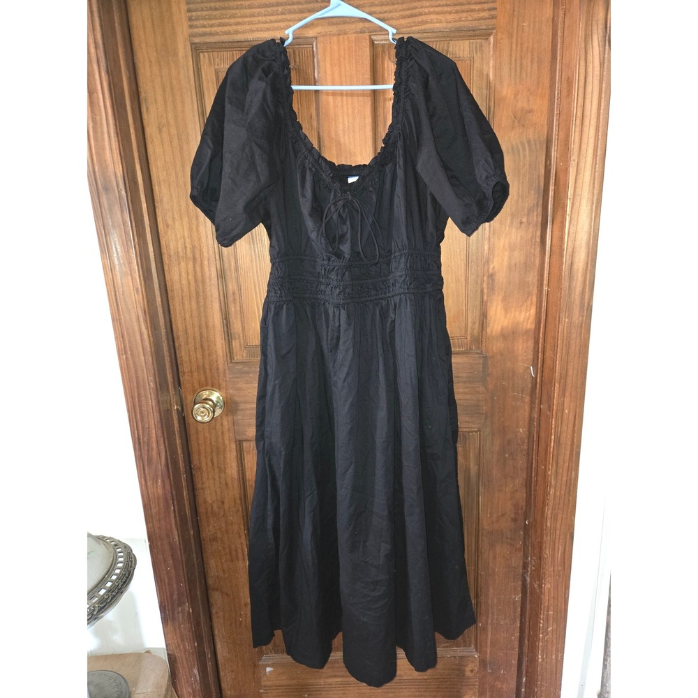 Old Navy Womens Black Cotton Smocked Waist Puff Sleeve Midi Dress XL Cottagecore